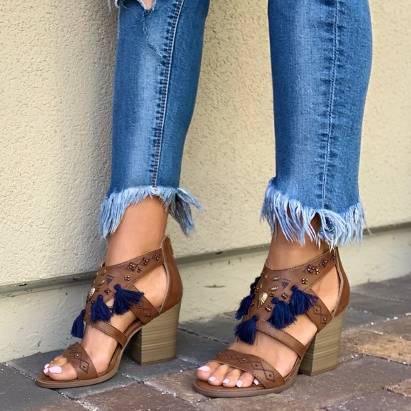 Boho Tassel Detail Embellished Block Heel Sandal - Picture 3 of 8